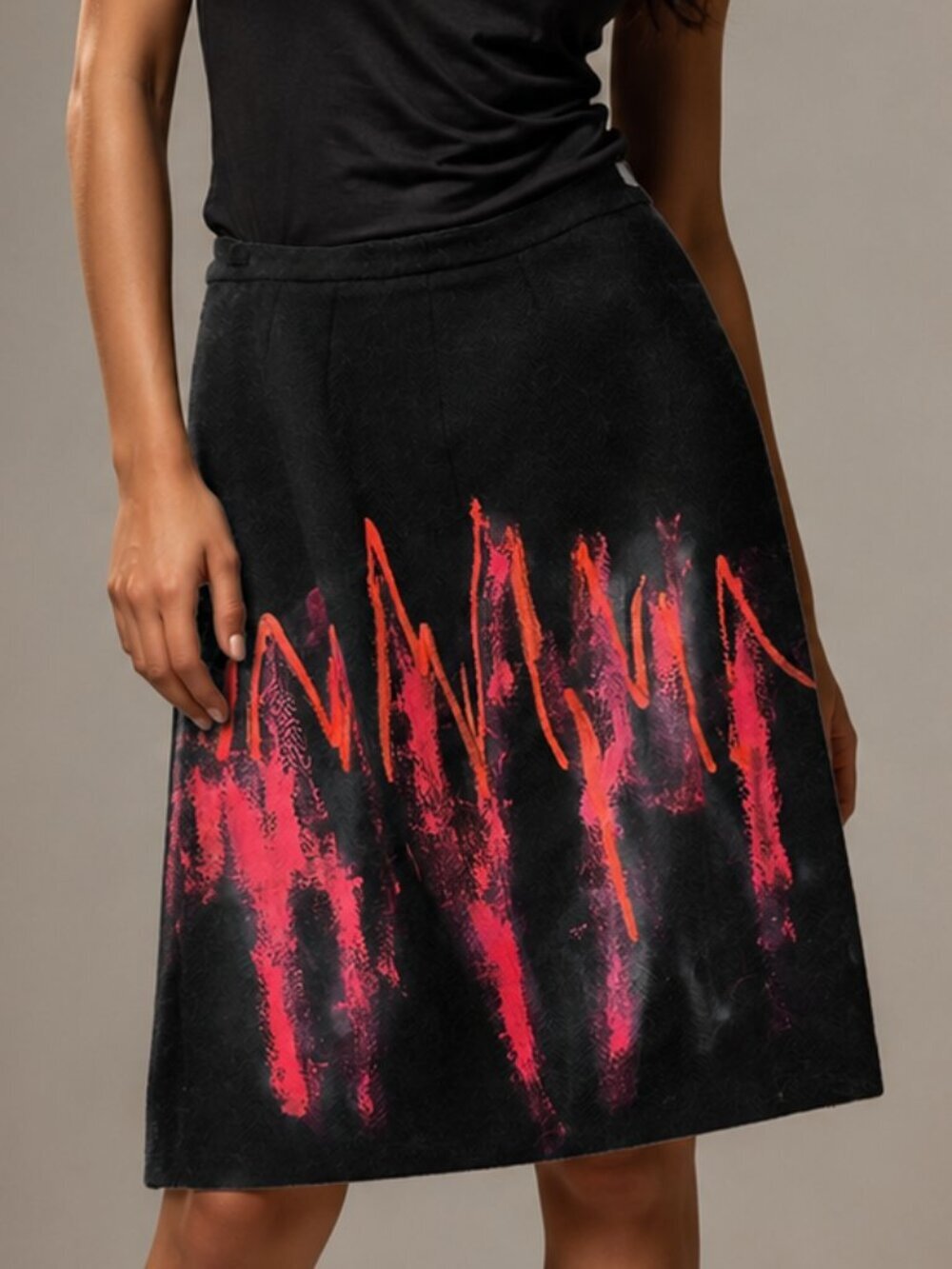 Louis Feraud Handpainted Neon Pink Abstract Black Pencil Skirt Wool size 6/8